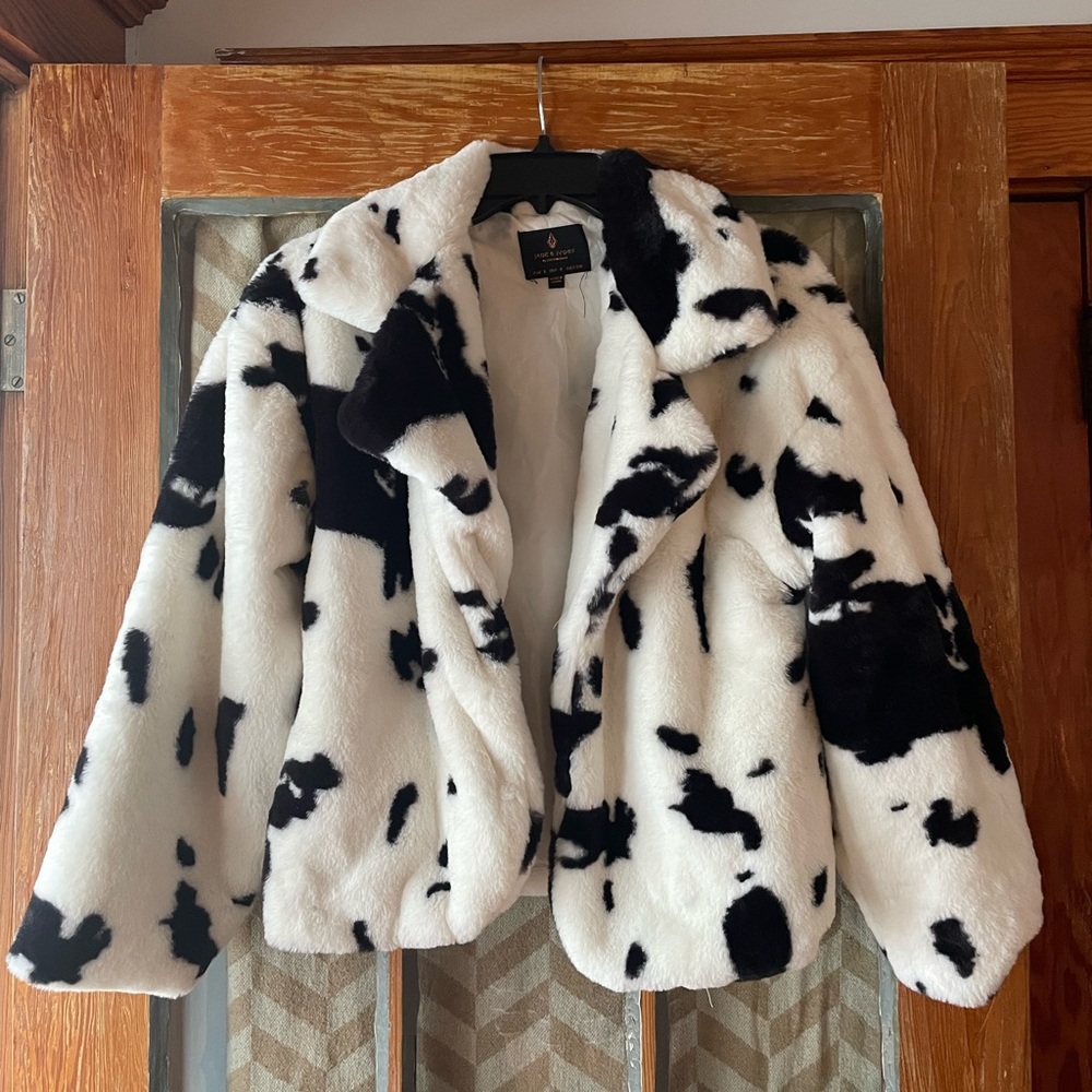 PLUSH Cow Dalmatian Faux Fur Animal Print Velvety Cropped Coat Jacket S M